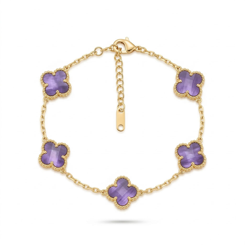 Bracelet trèfle marbré violet, 100 % acier plaqué or 18 carats