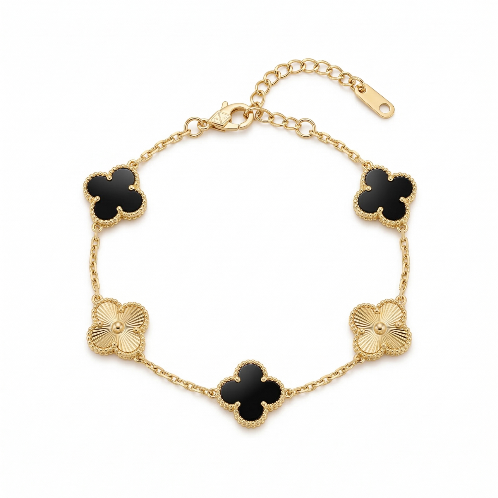 Bracelet trèfle noir et or alterné, 100 % acier plaqué or 18 carats