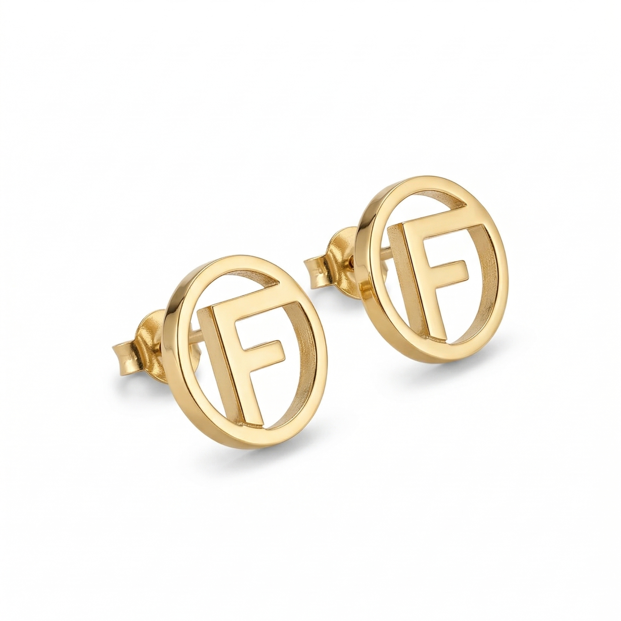 Pendientes de Botón con Logotipo Letra "F" - 100% Acero Bañado en Oro 18K