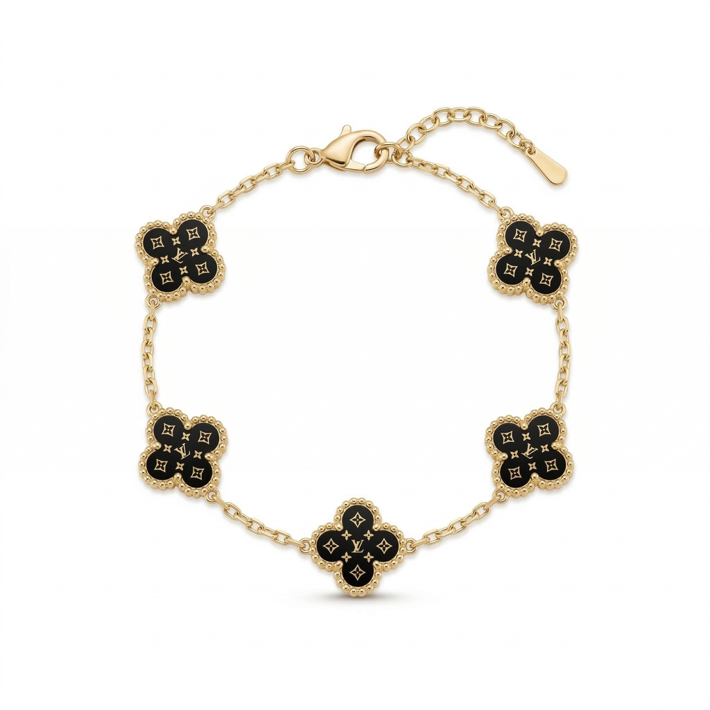 Bracelet trèfles noirs et maillons - Acier inoxydable plaqué or 18 carats