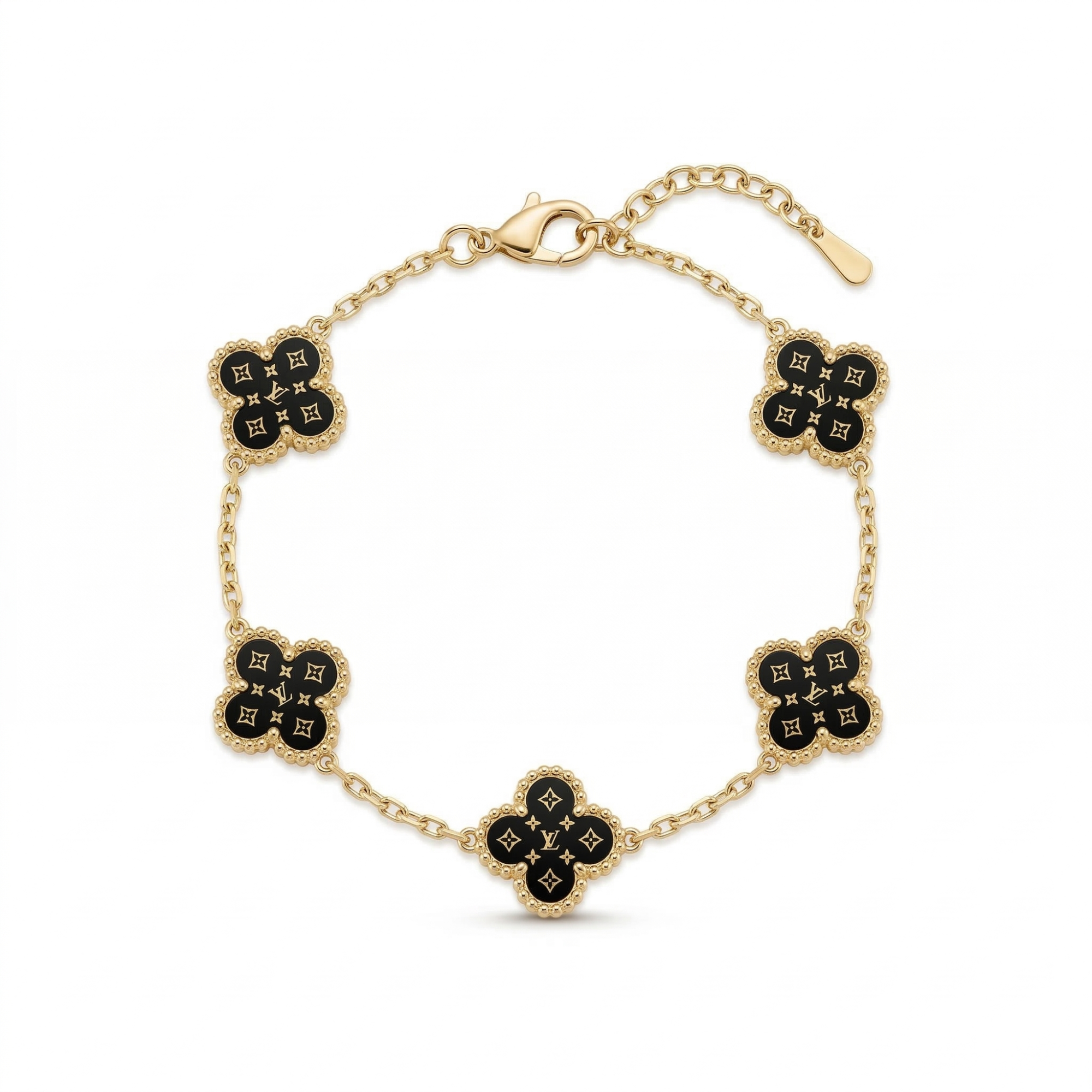 Pulsera de Tréboles Negros y Eslabones - 100% Acero Bañado en Oro 18K