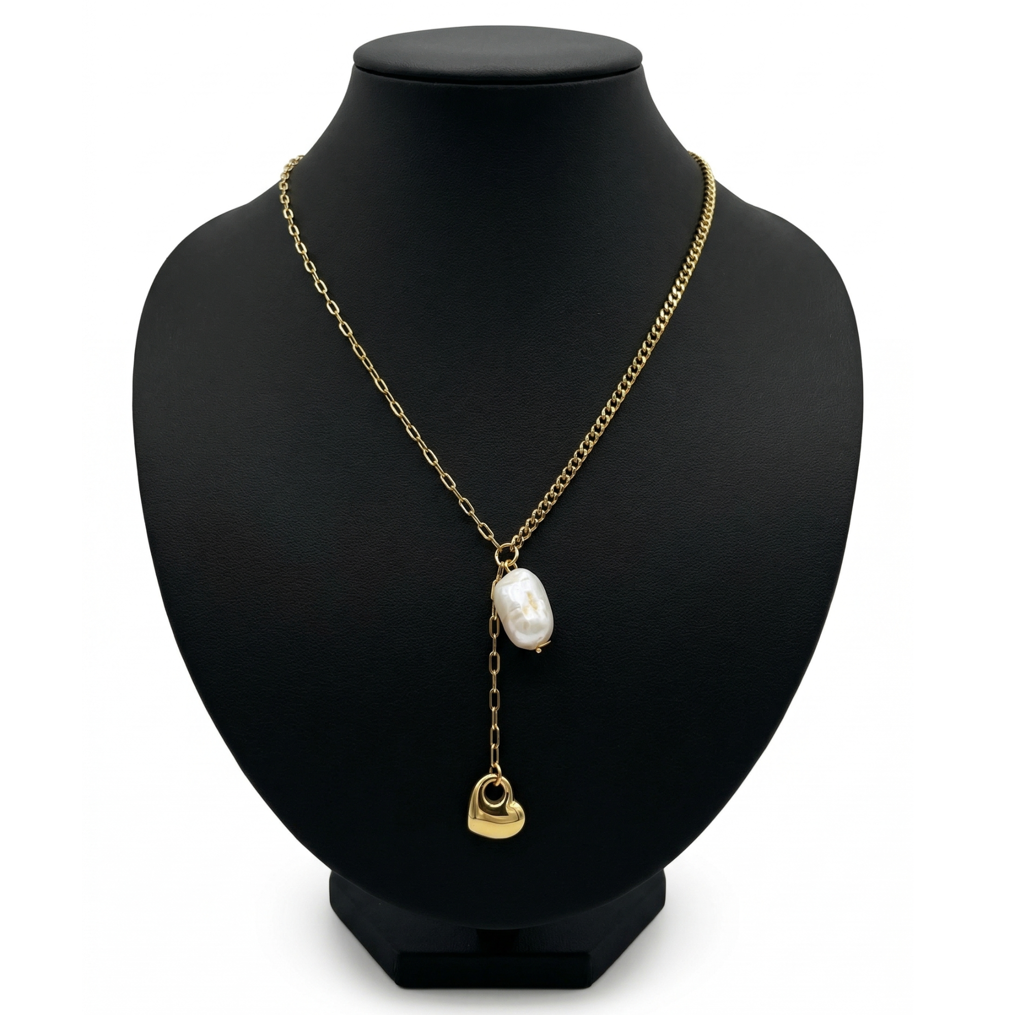 Collar de Eslabones con Perla Barroca y Corazón - 100% Acero Bañado en Oro 18K