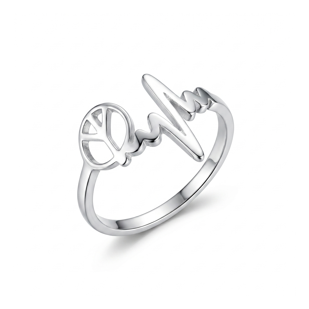 Anillo Ajustable "Paz y Vida" con Símbolo Peace y Latido - 100% Acero con Baño de Plata