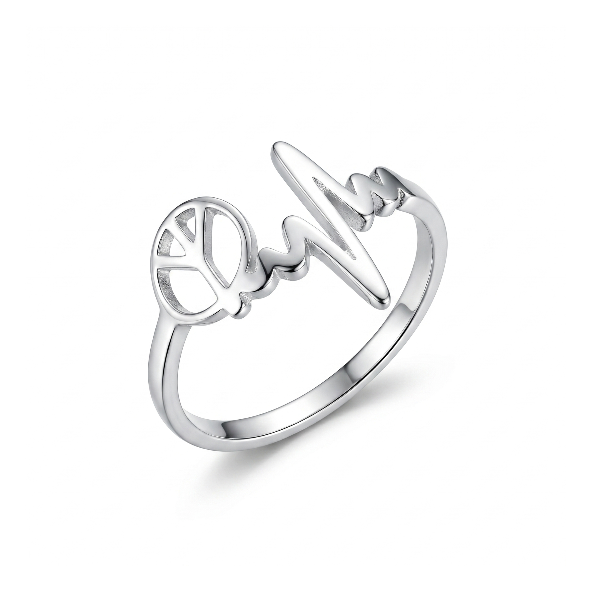 Anillo Ajustable "Paz y Vida" con Símbolo Peace y Latido - 100% Acero con Baño de Plata