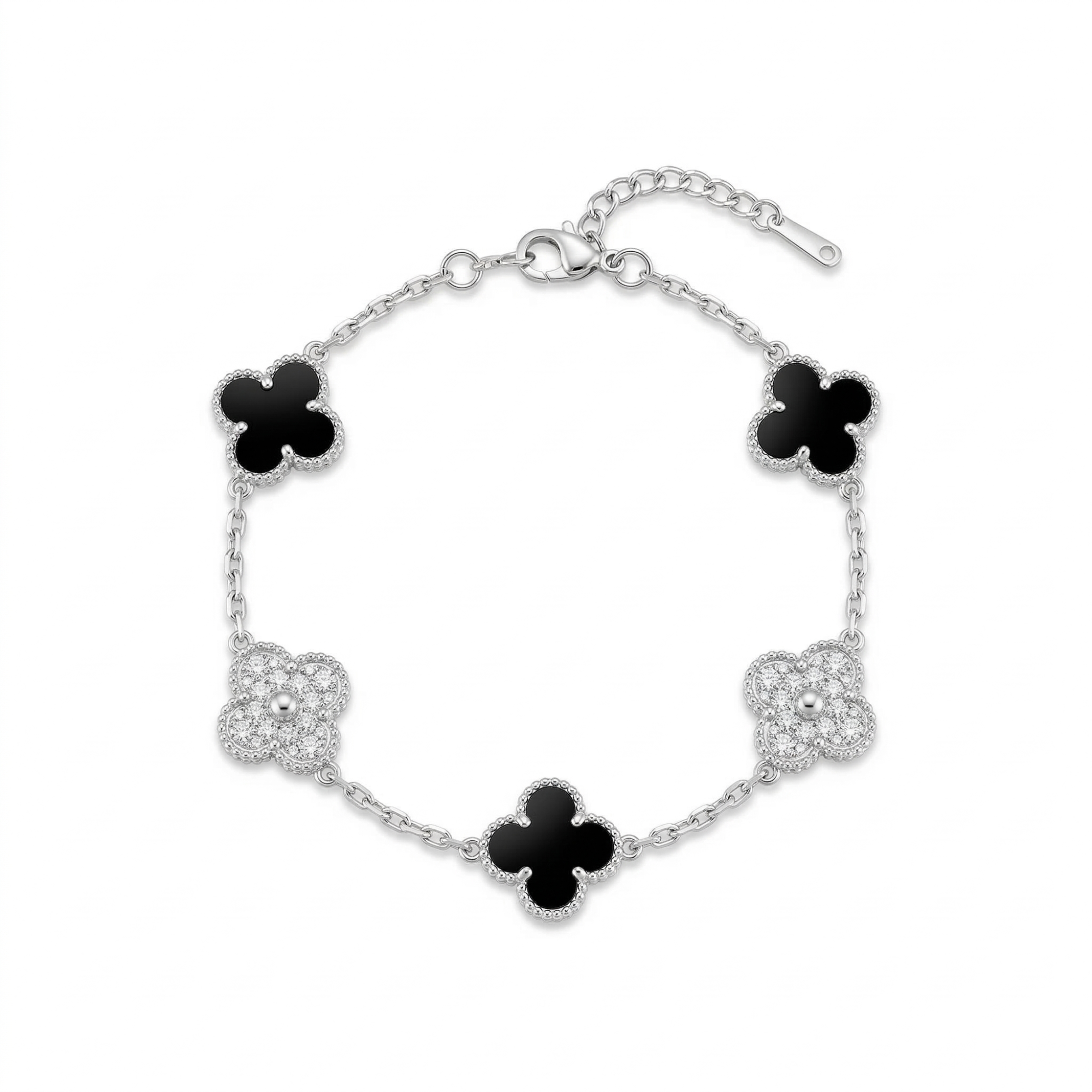 Bracelet trèfle en argent avec zircone et acier inoxydable noir 100 %