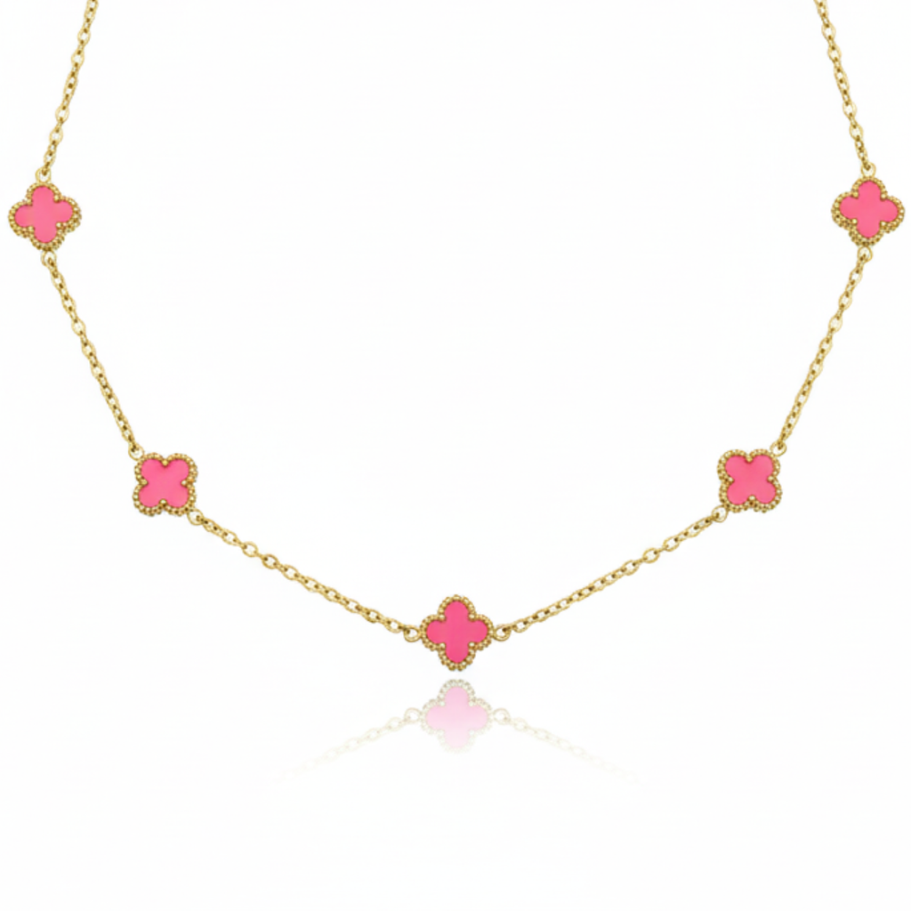Fuchsia Pink Clover Jewelry Set 100% 18K Gold Plated Steel