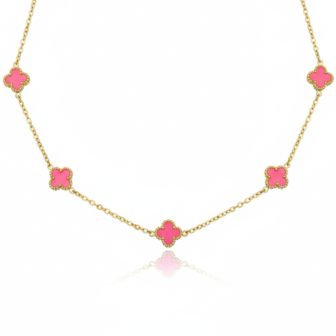 Conjunto de Joyería Trébol Rosa Fucsia 100% Acero Bañado en Oro 18K