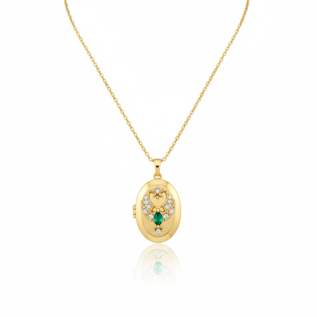 Collier médaillon ovale avec zircon cubique, acier 100% plaqué or 18 carats