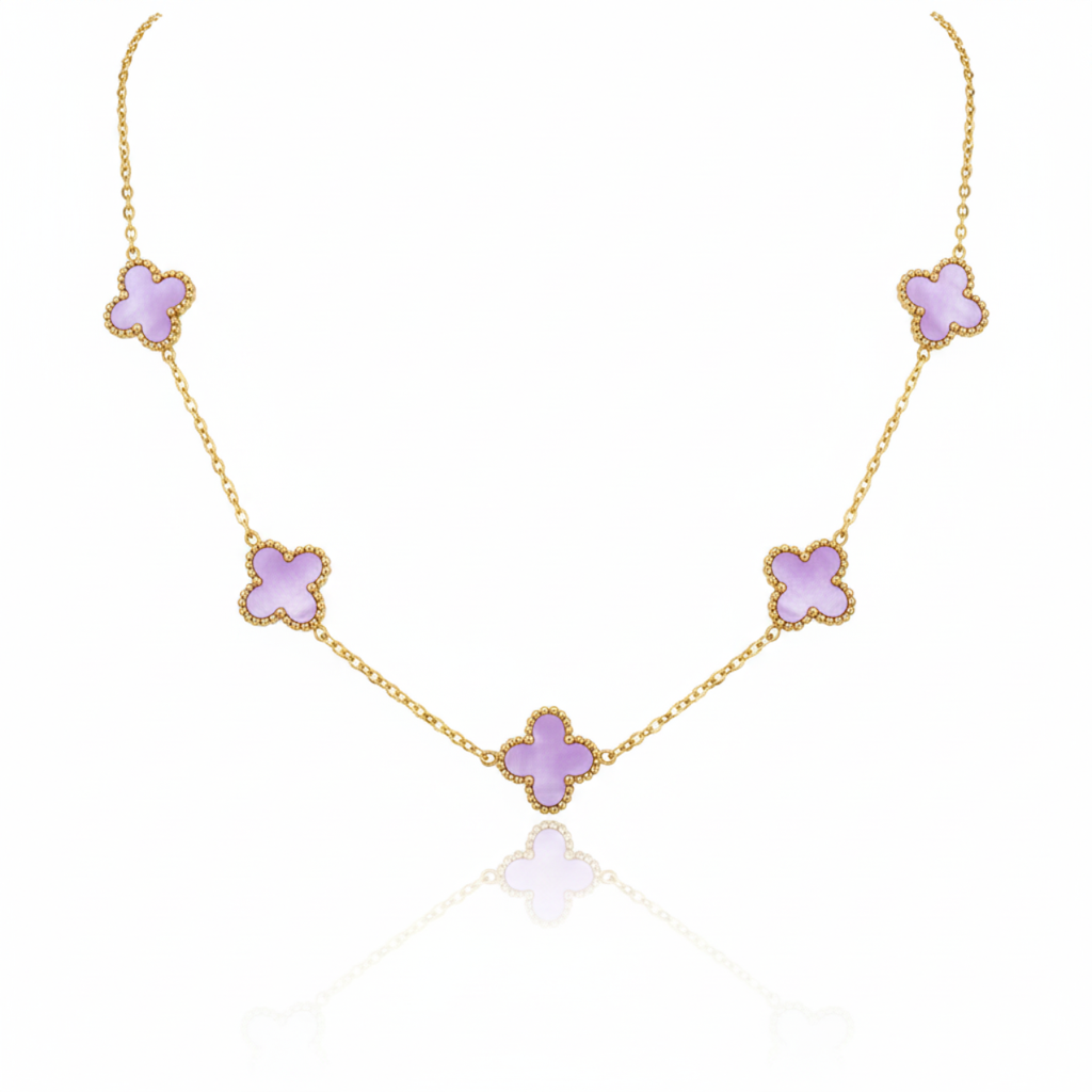 Parure de bijoux Lilac Clover 100 % acier plaqué or 18 carats