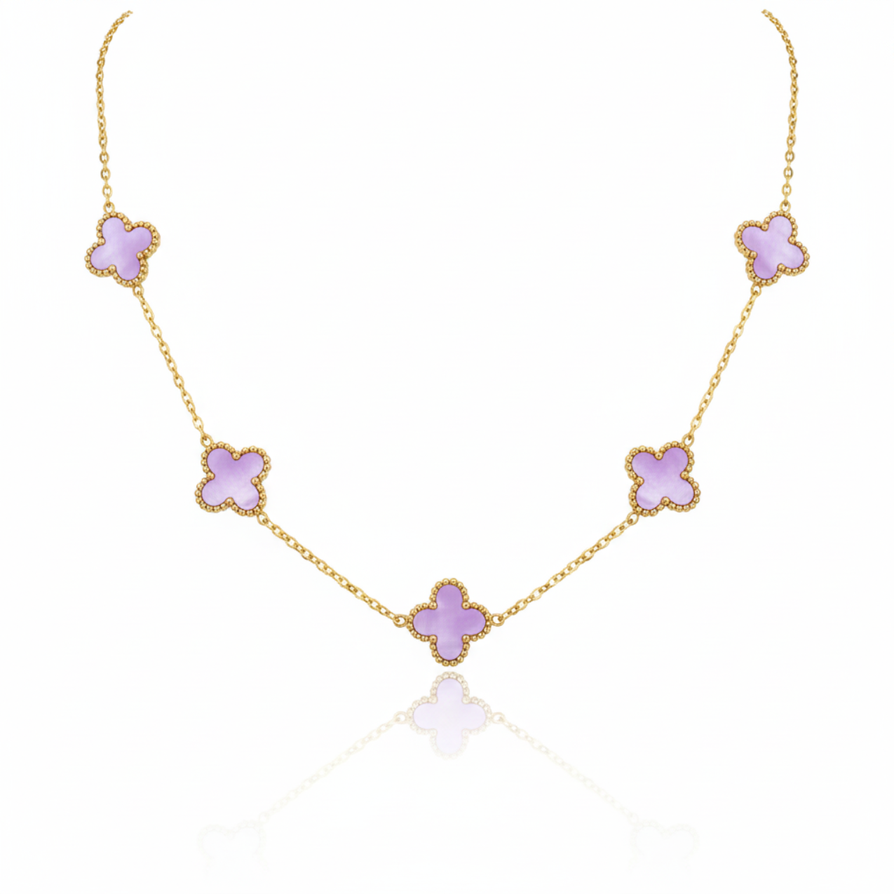 Conjunto de Joyería Trébol Lila 100% Acero Bañado en Oro 18K