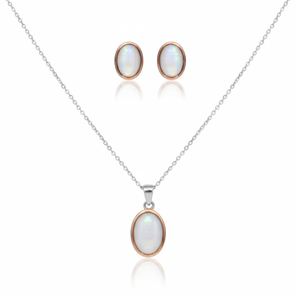 Parure de bijoux classique en nacre blanche - Boucles d'oreilles et collier 100 % acier plaqué argent