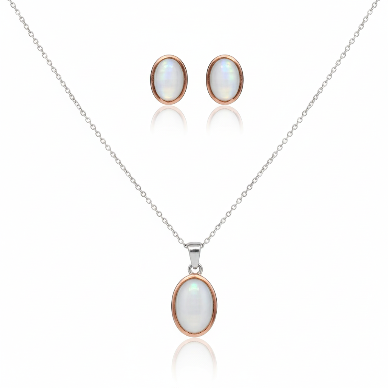 Conjunto de Joyas Clásico con Nácar Blanco - Pendientes y Collar 100% Acero Bañado en Plata