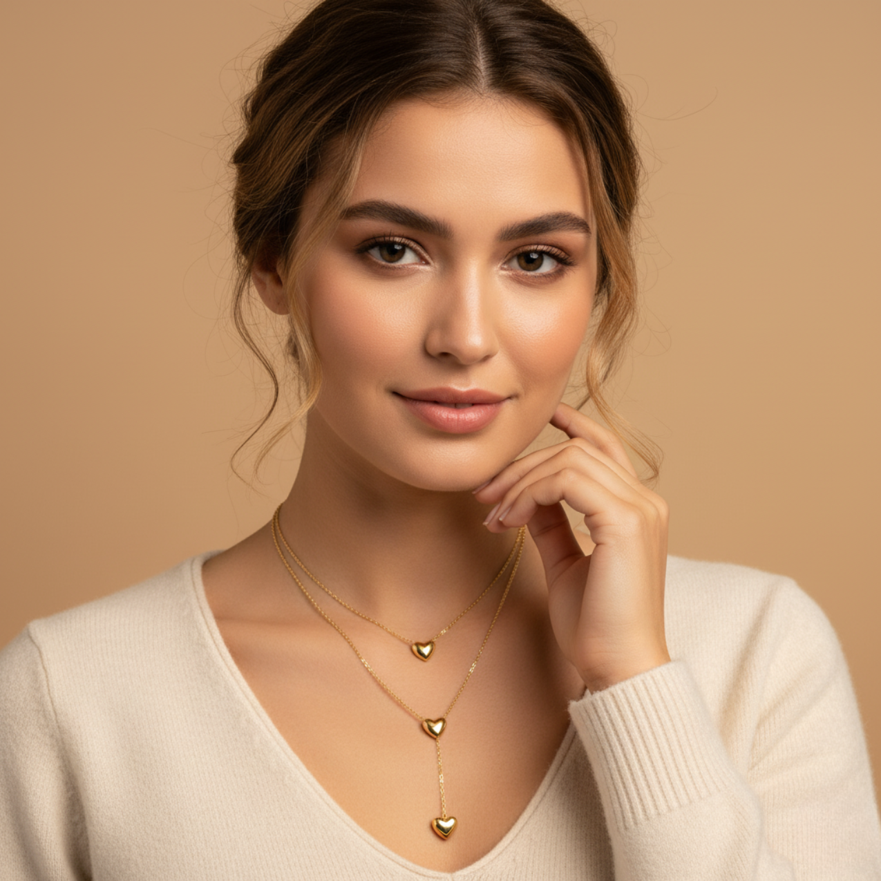 Collar Doble Capa con Corazones Estilo Lariat 100% Acero Bañado en Oro 18K