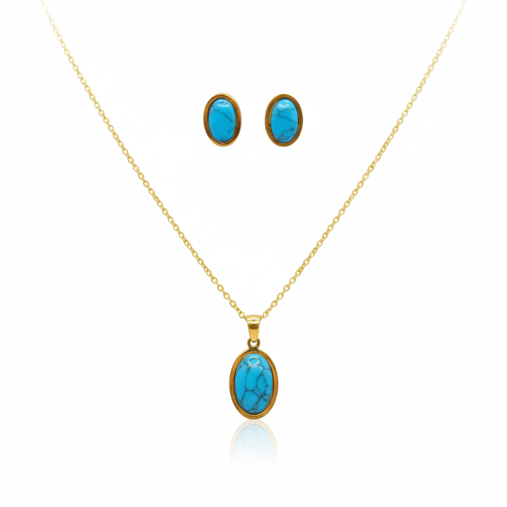 Conjunto de Collar y Pendientes con Ovalo de Piedra Turquesa Natural - 100% Acero Bañado en Oro 18K