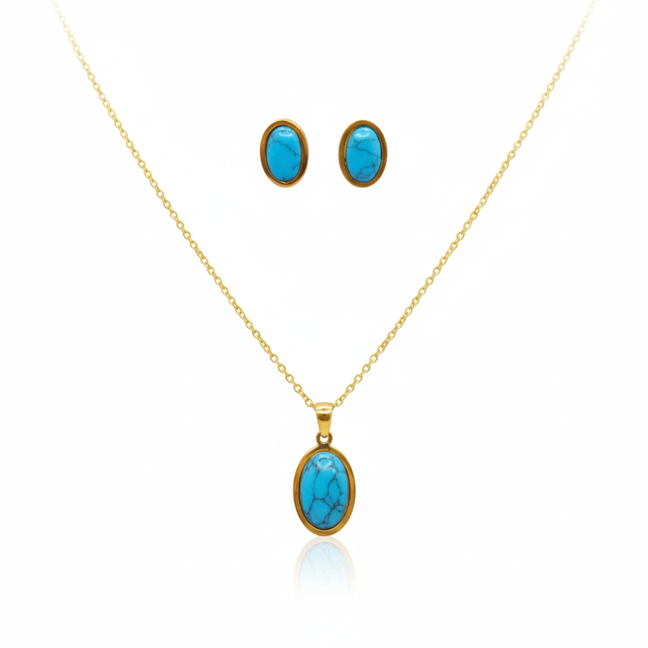 Conjunto de Collar y Pendientes con Ovalo de Piedra Turquesa Natural - 100% Acero Bañado en Oro 18K
