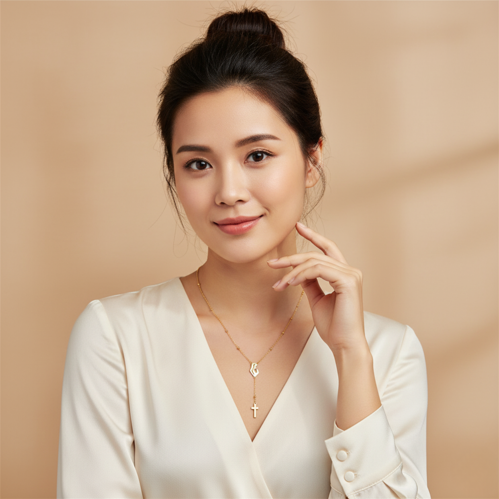 Collier chapelet stylisé avec Vierge et croix, 100 % acier plaqué or 18 carats