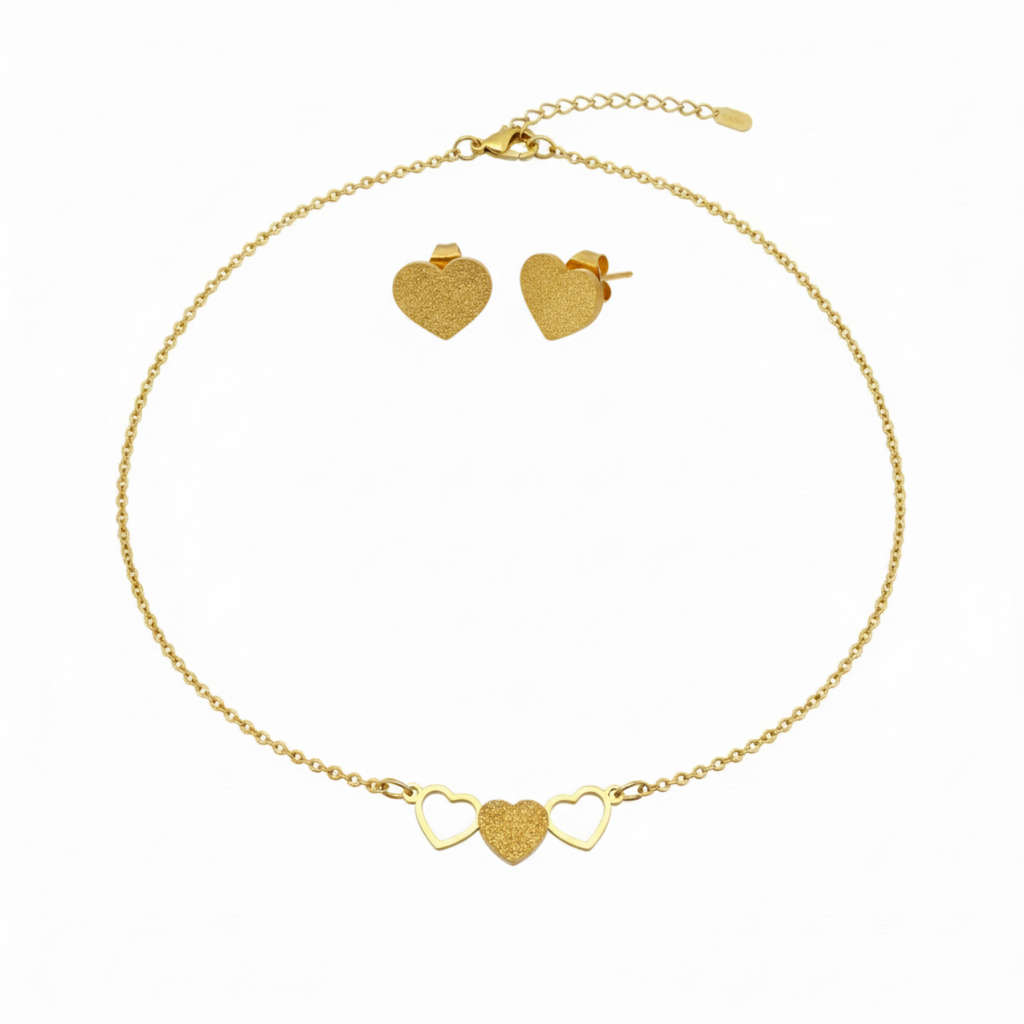 Conjunto Collar de Tres Corazones y Pendientes Corazón Texturizado - 100% Acero Bañado en Oro 18K