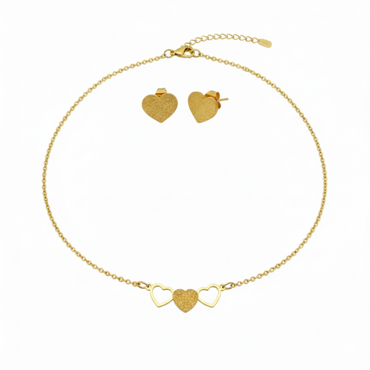 Conjunto Collar de Tres Corazones y Pendientes Corazón Texturizado - 100% Acero Bañado en Oro 18K