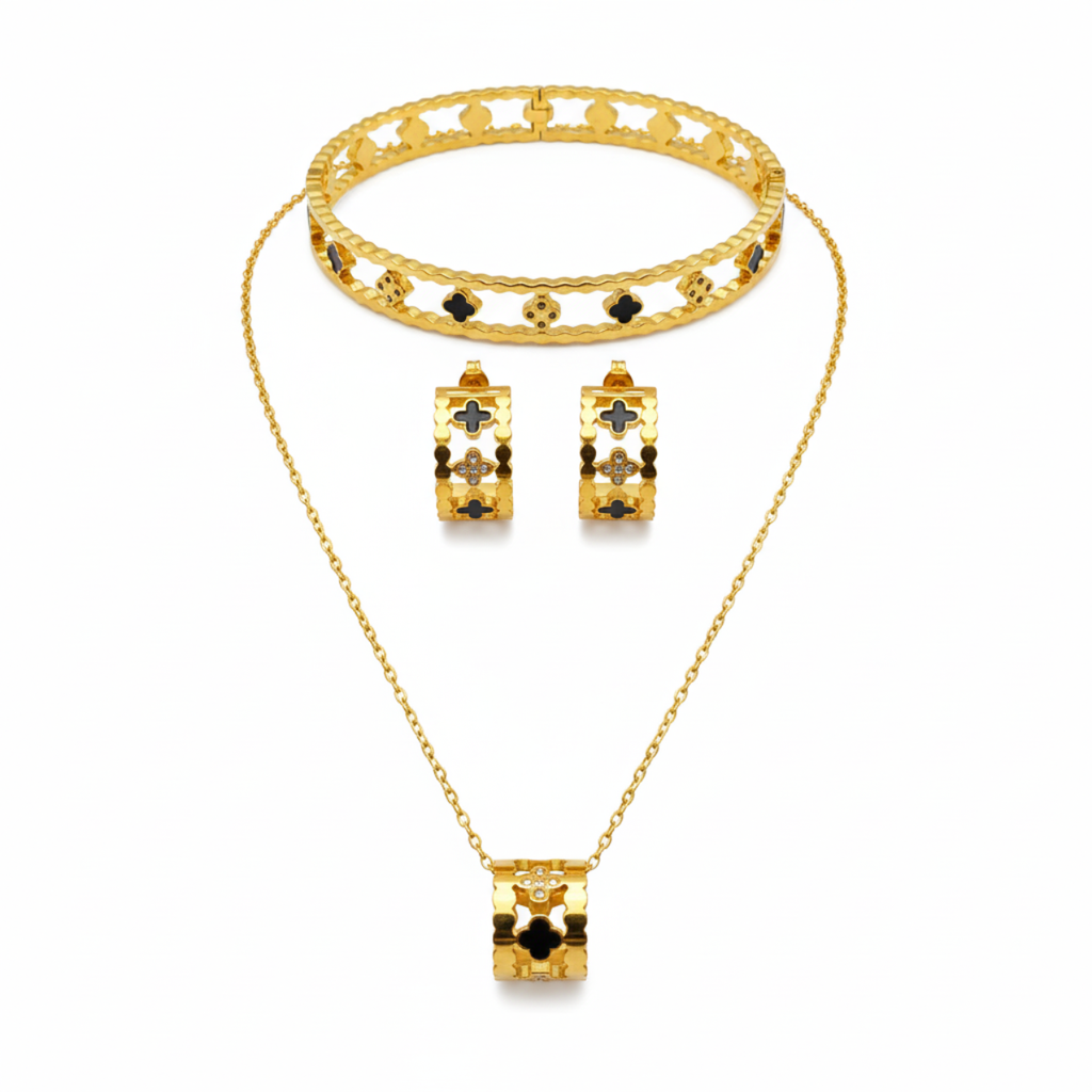 Ensemble de luxe au design géométrique (collier, boucles d'oreilles et bracelet) - 100 % acier plaqué or 18 carats