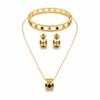 Ensemble de luxe au design géométrique (collier, boucles d'oreilles et bracelet) - 100 % acier plaqué or 18 carats