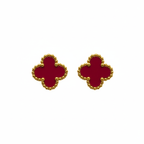 Pendientes de Botón Trébol Rojo con Borde Dorado Perlado 100% Acero Bañado en Oro 18K