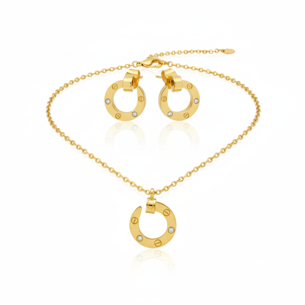 Conjunto de Collar y Pendientes con Diseño Circular y Circonitas 100% Acero Bañado en Oro 18K