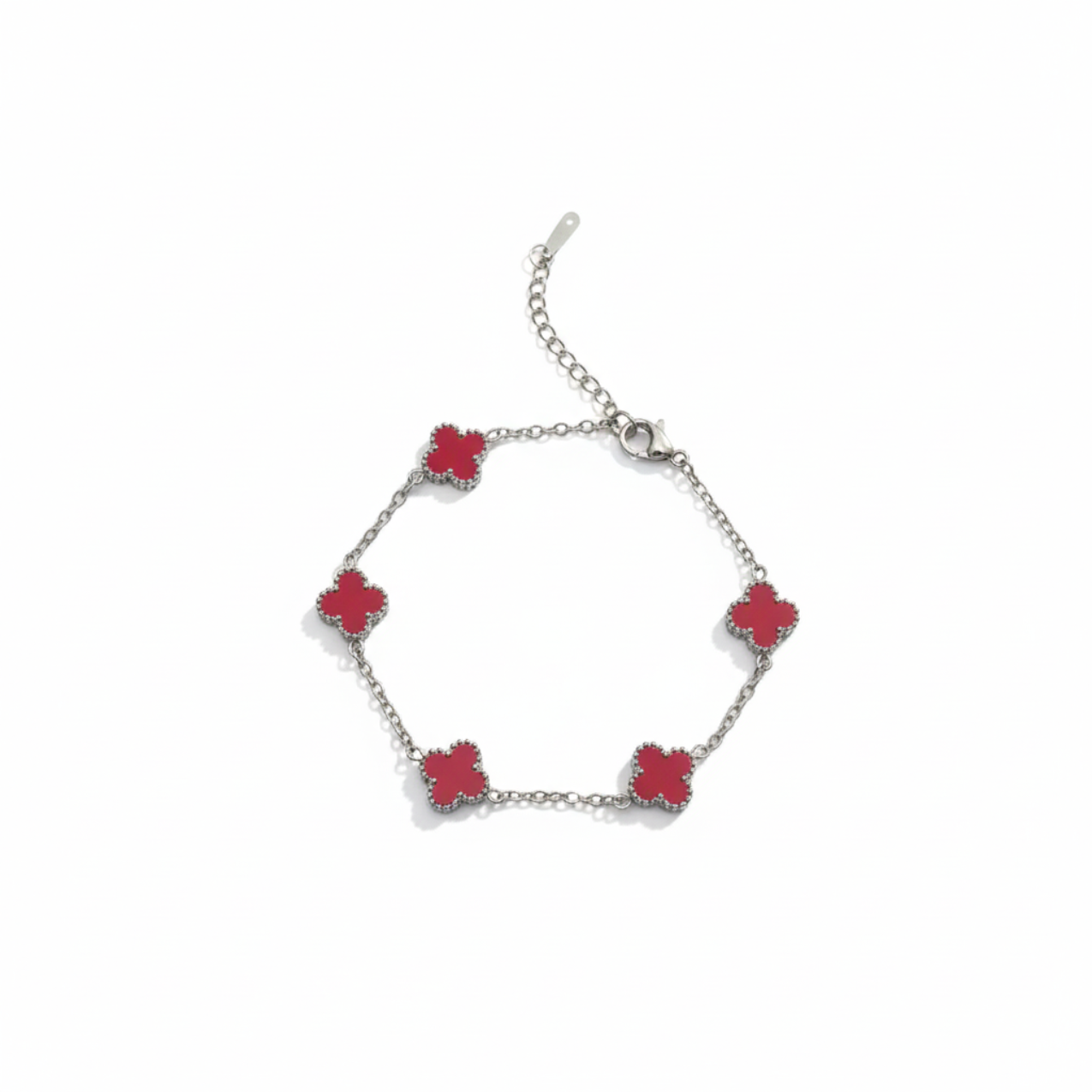 Conjunto de Joyería Trébol Rojo 100% Acero Inoxidable Color Plata
