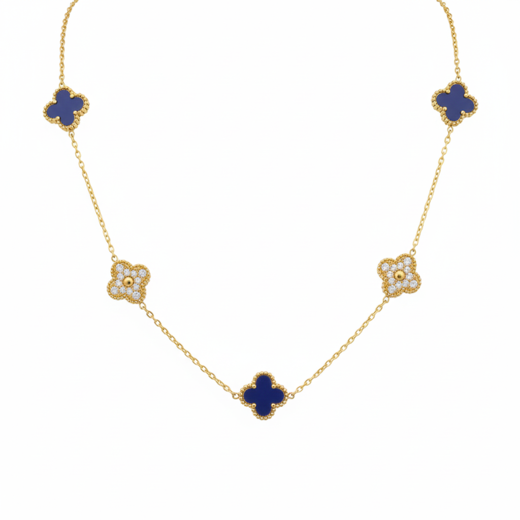 Parure de bijoux en trèfle bleu et zircone, 100 % acier plaqué or 18 carats