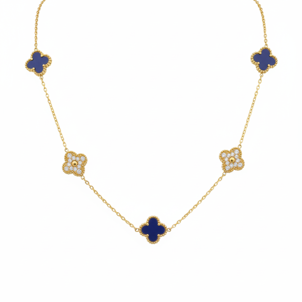 Conjunto de Joyería Trébol Azul y Circonitas 100% Acero Bañado en Oro 18K