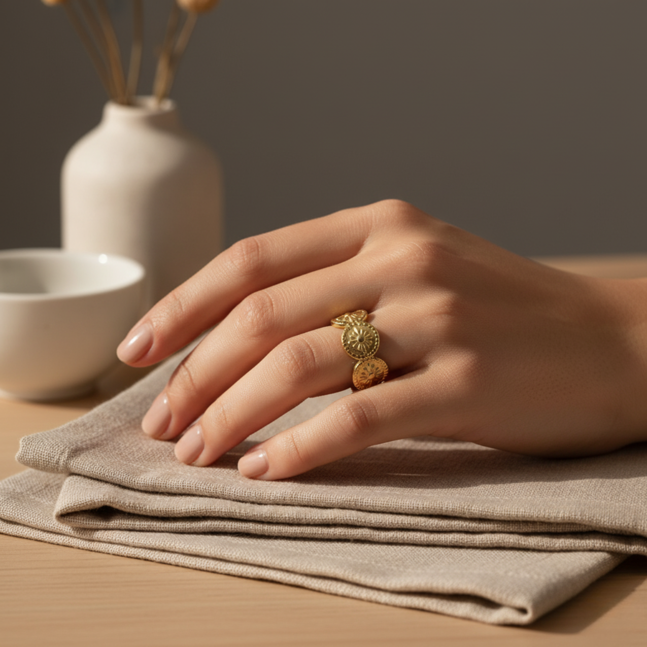 Anillo de Banda de Discos Grabados 100% Acero Bañado en Oro 18K