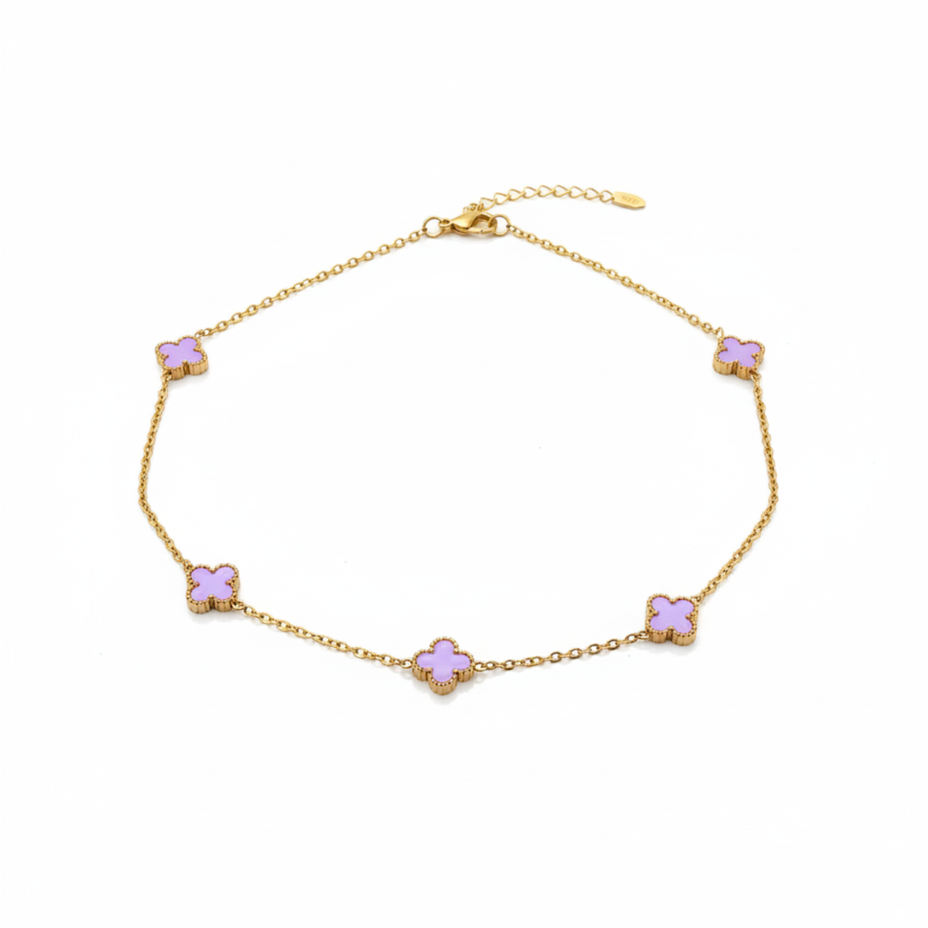 Ensemble complet en acier plaqué or 18 carats avec trèfles violets