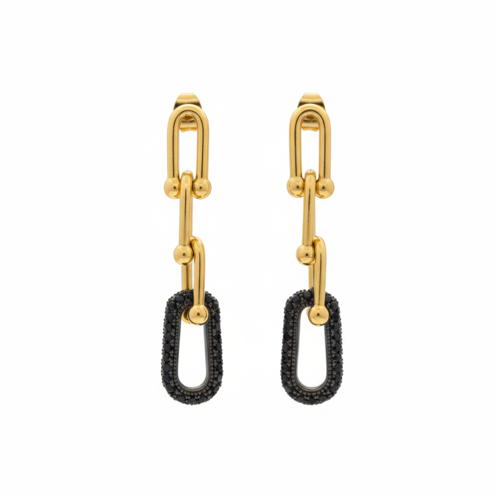 Conjunto de Cadena de Eslabones con Detalles Negros (Collar, Pulsera y Pendientes) - 100% Acero Bañado en Oro 18K