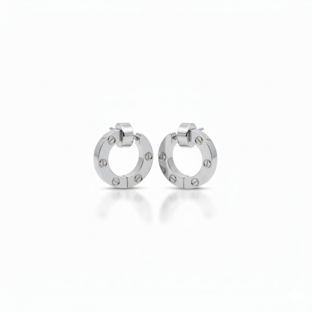 Conjunto de Joyería Círculo con Detalles de Tornillo y Circonitas 100% Acero Inoxidable Color Plata