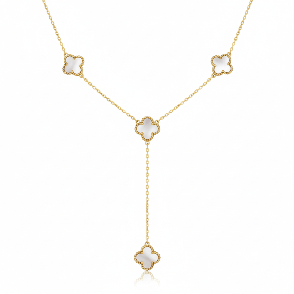 Parure de bijoux en nacre blanche avec collier en Y, 100 % acier plaqué or 18 carats