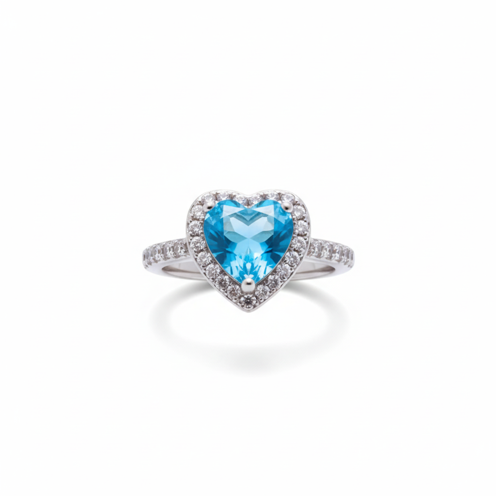 Anillo Ajustable "Corazón del Océano" con Circonita Azul y Halo – Acero Bañado en Oro Blanco 18K