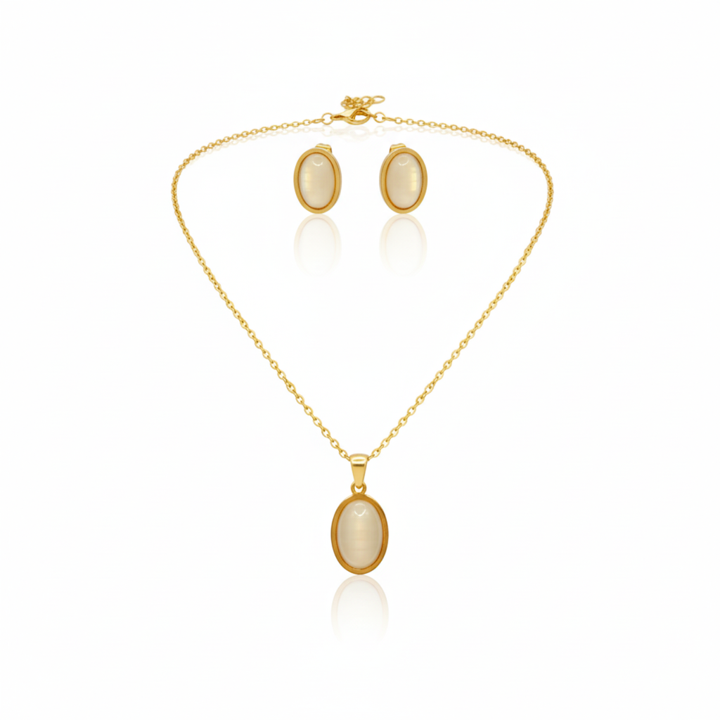 Parure de bijoux œil de chat blanc classique - Boucles d'oreilles et collier en acier plaqué or 18 carats