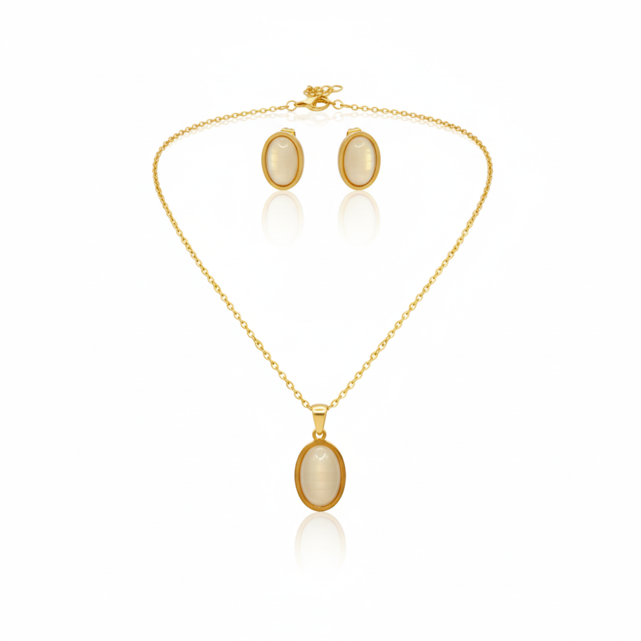 Conjunto de Joyas Clásico con Ojo de Gato Blanco - Pendientes y Collar 100% Acero Bañado en Oro de 18K