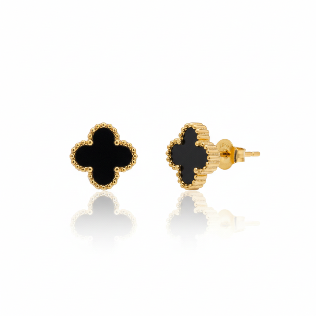 Conjunto de Joyería Trébol Negro 100% Acero Bañado en Oro 18K