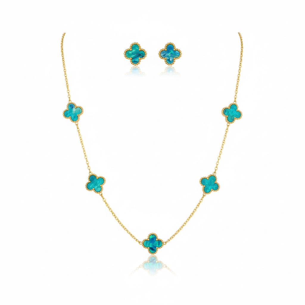 Conjunto Completo de Tréboles Esmaltados Turquesa Jaspeado (Collar, Pendientes, Pulsera y Anillo) - 100% Acero Bañado en Oro 18K