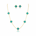 Conjunto Completo de Tréboles Esmaltados Turquesa Jaspeado (Collar, Pendientes, Pulsera y Anillo) - 100% Acero Bañado en Oro 18K