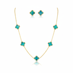 Conjunto Completo de Tréboles Esmaltados Turquesa Jaspeado (Collar, Pendientes, Pulsera y Anillo) - 100% Acero Bañado en Oro 18K