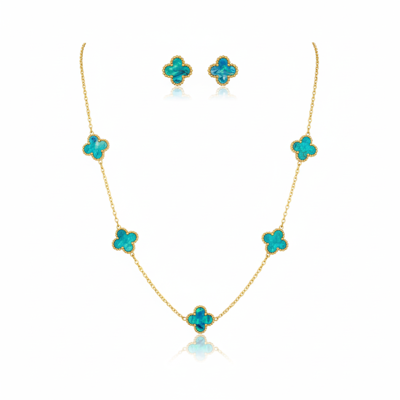 Conjunto Completo de Tréboles Esmaltados Turquesa Jaspeado (Collar, Pendientes, Pulsera y Anillo) - 100% Acero Bañado en Oro 18K