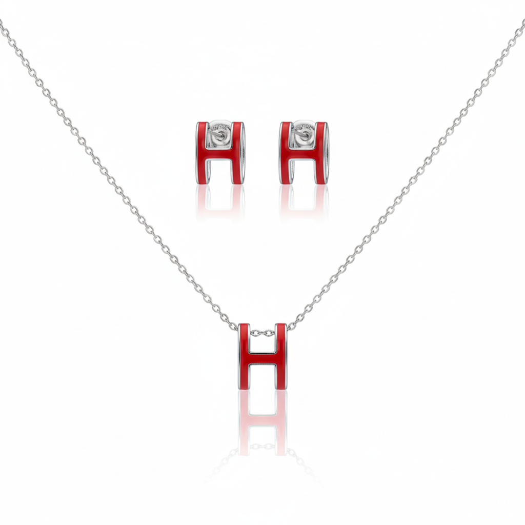 Parure collier et boucles d'oreilles lettre « H » émaillée rouge - 100 % acier rhodié