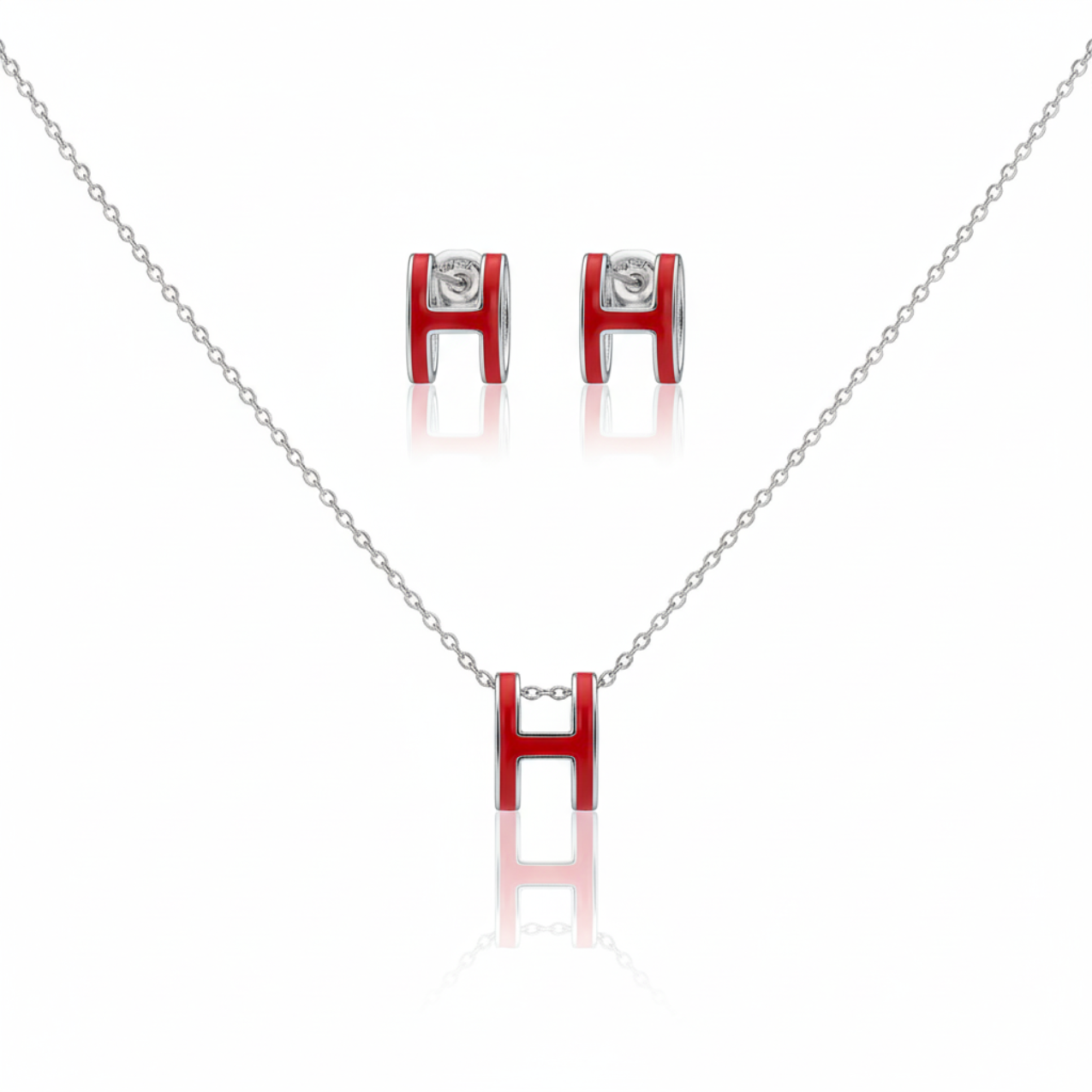 Parure collier et boucles d'oreilles lettre « H » émaillée rouge - 100 % acier rhodié