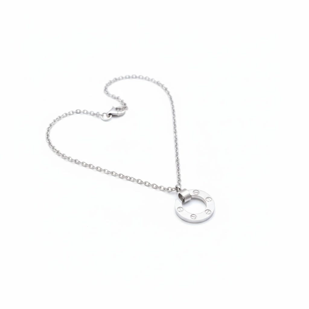 Conjunto de Joyería Círculo con Detalles de Tornillo y Circonitas 100% Acero Inoxidable Color Plata