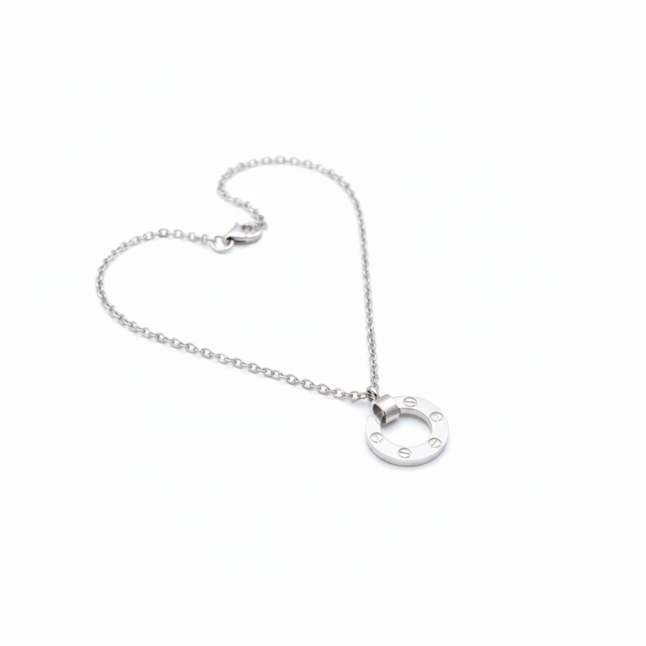 Conjunto de Joyería Círculo con Detalles de Tornillo y Circonitas 100% Acero Inoxidable Color Plata