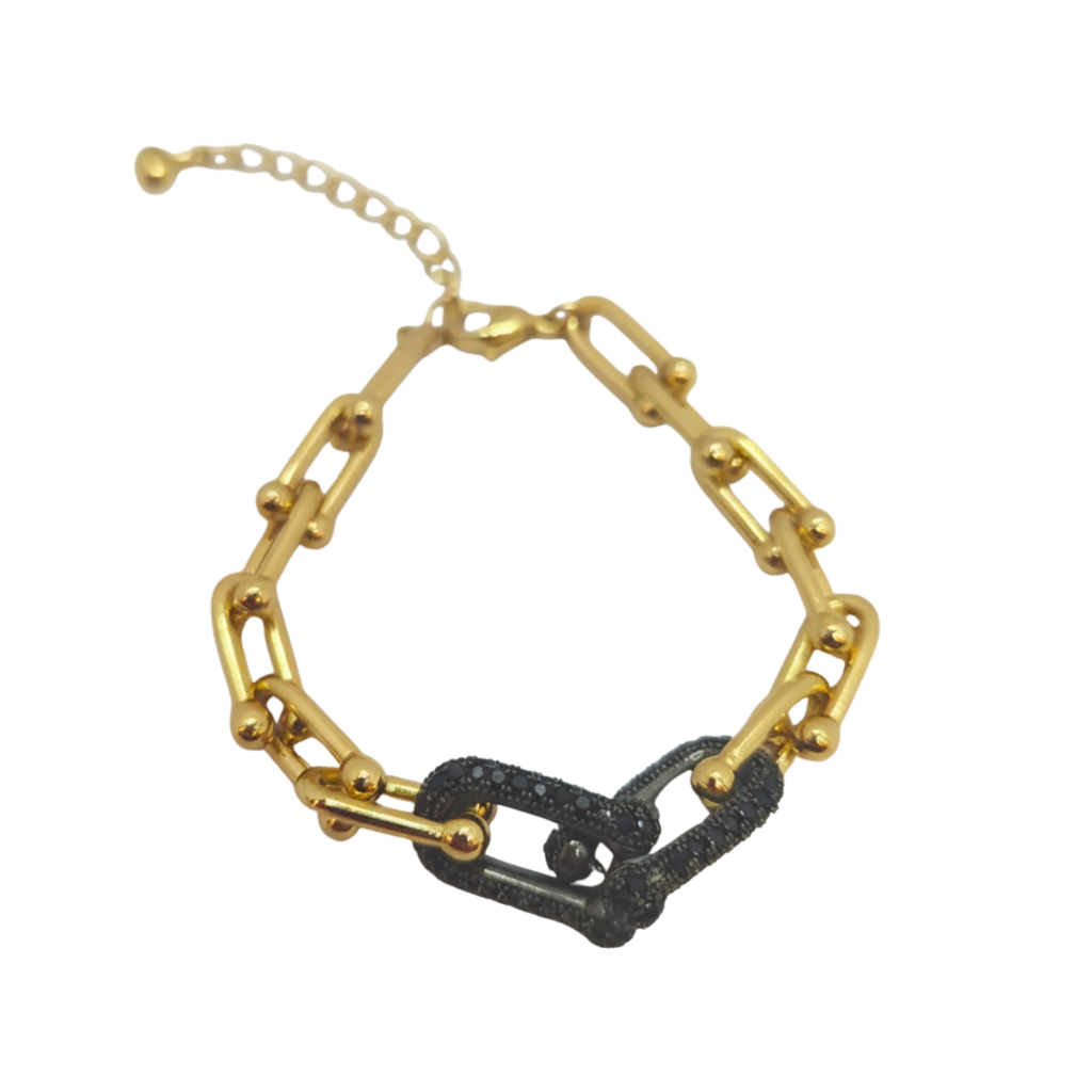 Conjunto de Cadena de Eslabones con Detalles Negros (Collar, Pulsera y Pendientes) - 100% Acero Bañado en Oro 18K