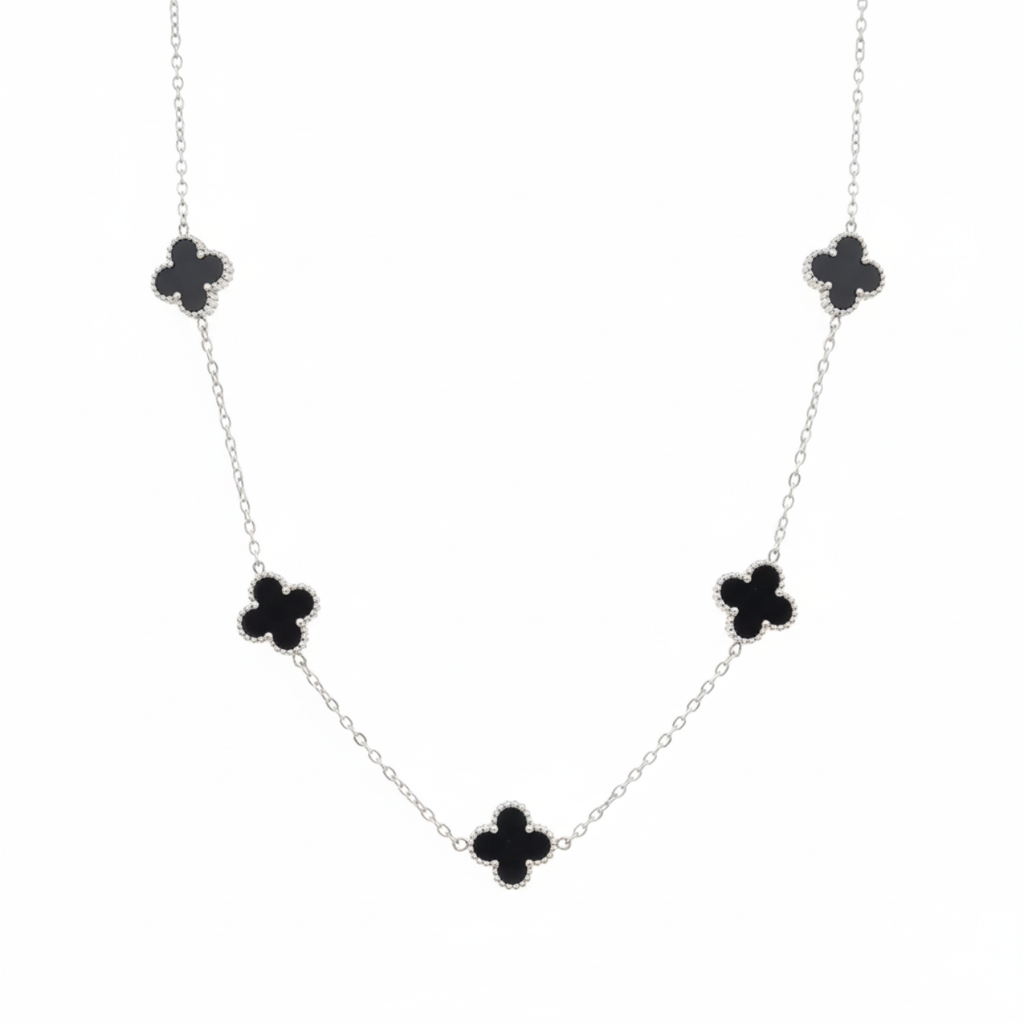 Parure de luxe trèfle à quatre feuilles noir (collier, boucles d'oreilles, bracelet et bague) - Acier inoxydable rhodié