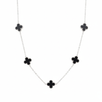 Parure de luxe trèfle à quatre feuilles noir (collier, boucles d'oreilles, bracelet et bague) - Acier inoxydable rhodié