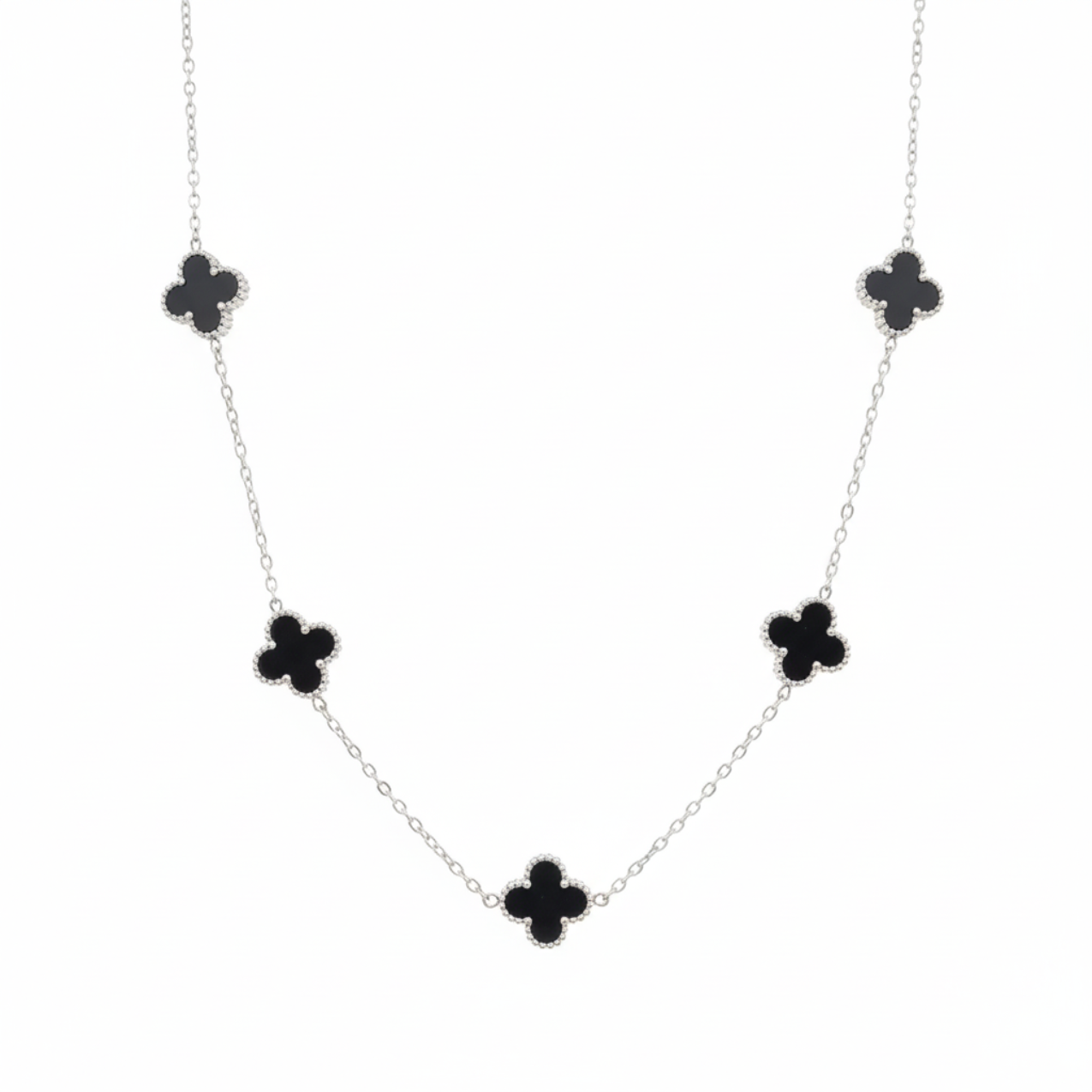 Conjunto Lujo de Tréboles de Cuatro Hojas Negros (Collar, Pendientes, Pulsera y Anillo) - Acero Inoxidable con Baño en Rodio